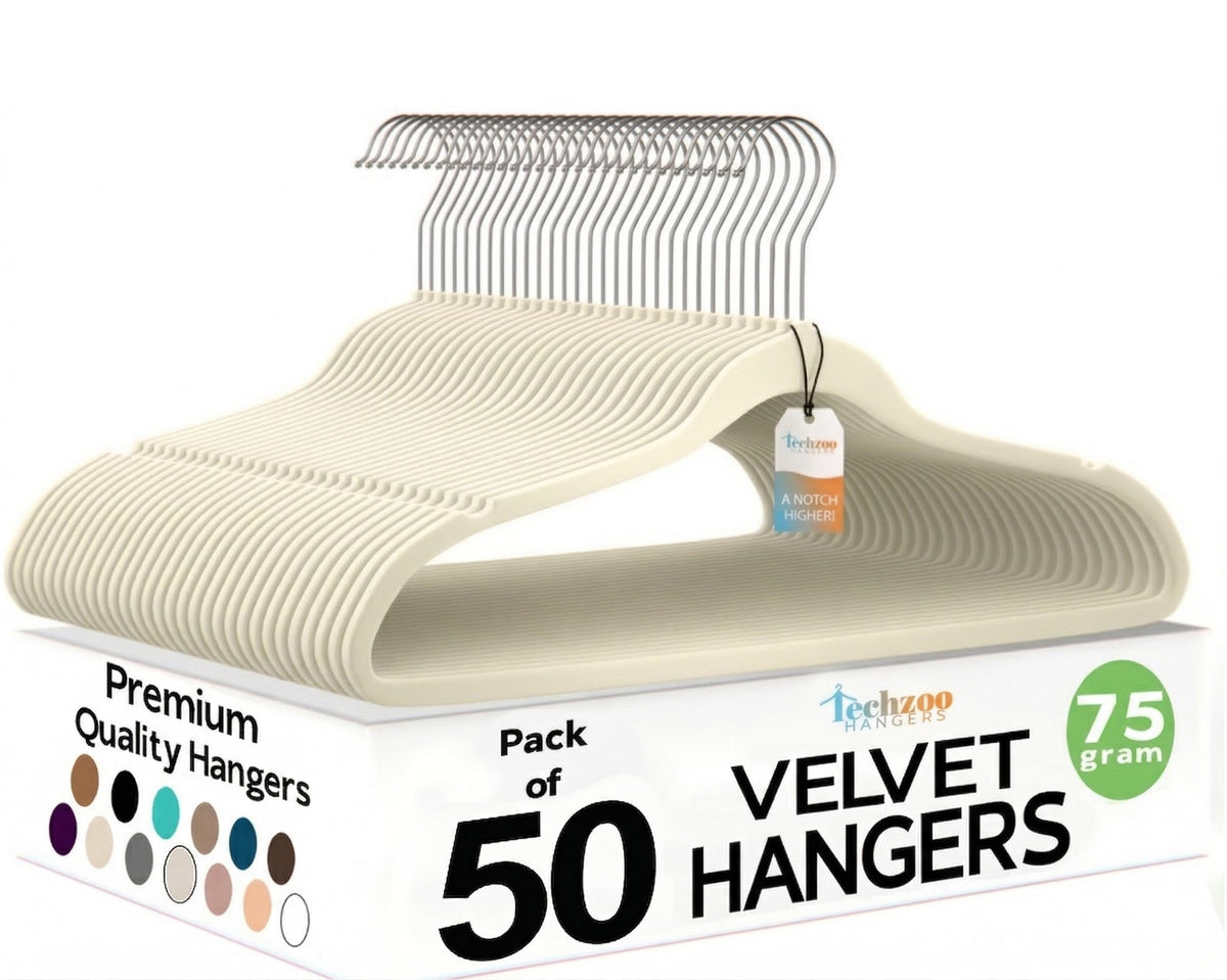 Techzoo 50 Pack New Premium Quality Velvet Hangers Ultra Thin Non Slip Adult Felt Space Saving Hangers for Closet Heavy Duty Coat Pants Jackets Dress Hangers 360° Swivel Hook Hold Upto 10 lbs Black