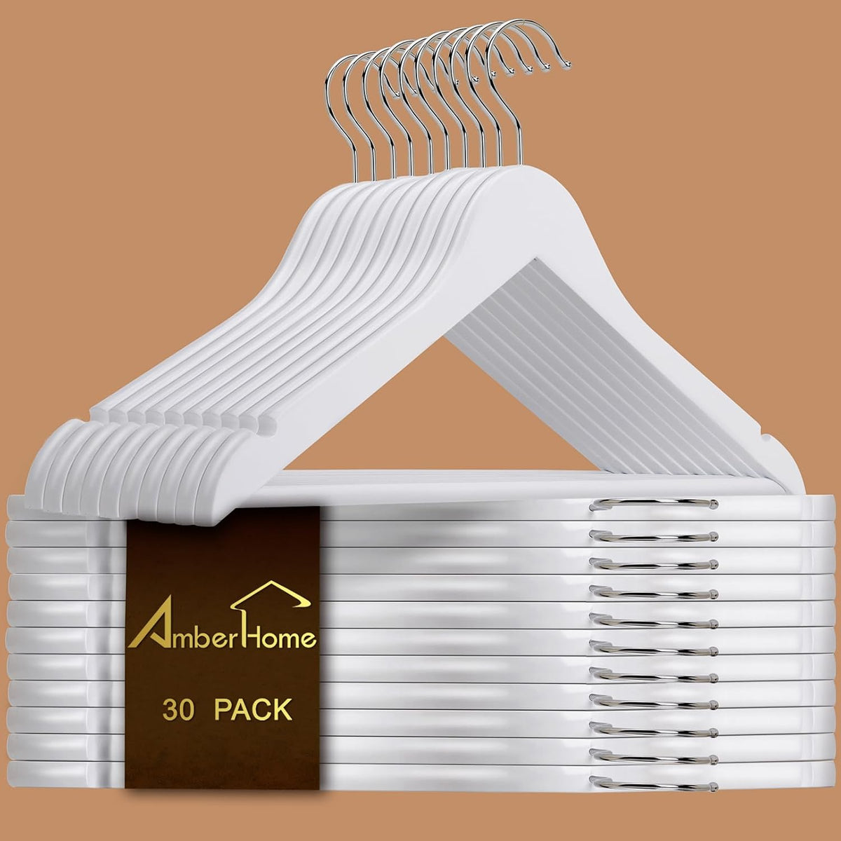 Amber Home 30 Pack White Wooden Coat Hangers, Wood Suit Hangers