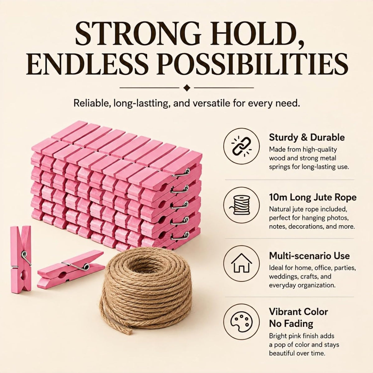 1.4 Inch Mini Wooden Clothespins, 50 Pack Natural Birch Wood Clips with Spring for Crafts, Photo Hanging, DIY Projects, Party & Home Decoration Jute Twine Clothing Line(Pink)