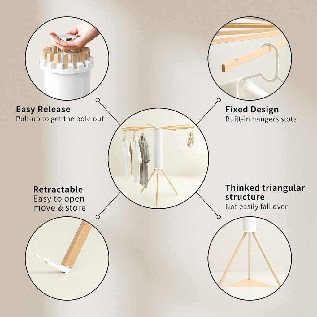 RFOUO Foldable Clothes Drying Rack Tripod with Wooden 16 Rods