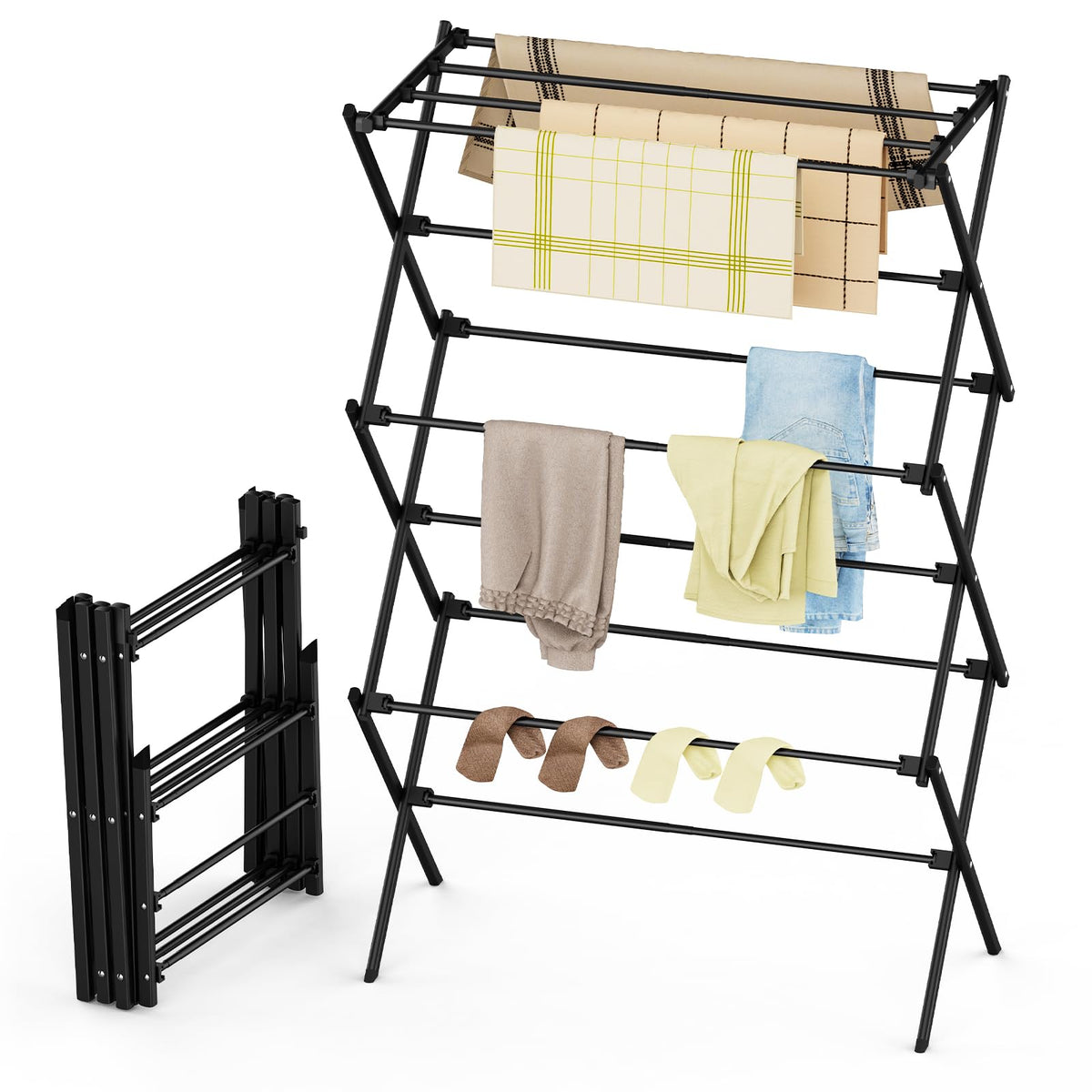 Drying Rack Clothing, 3-Tier Clothes Drying Rack Foldable, Antirust Laundry Drying Rack Collapsible Use for Indoor & Outdoor, 11.8" D x 34.6" W x 35.4" H, Black