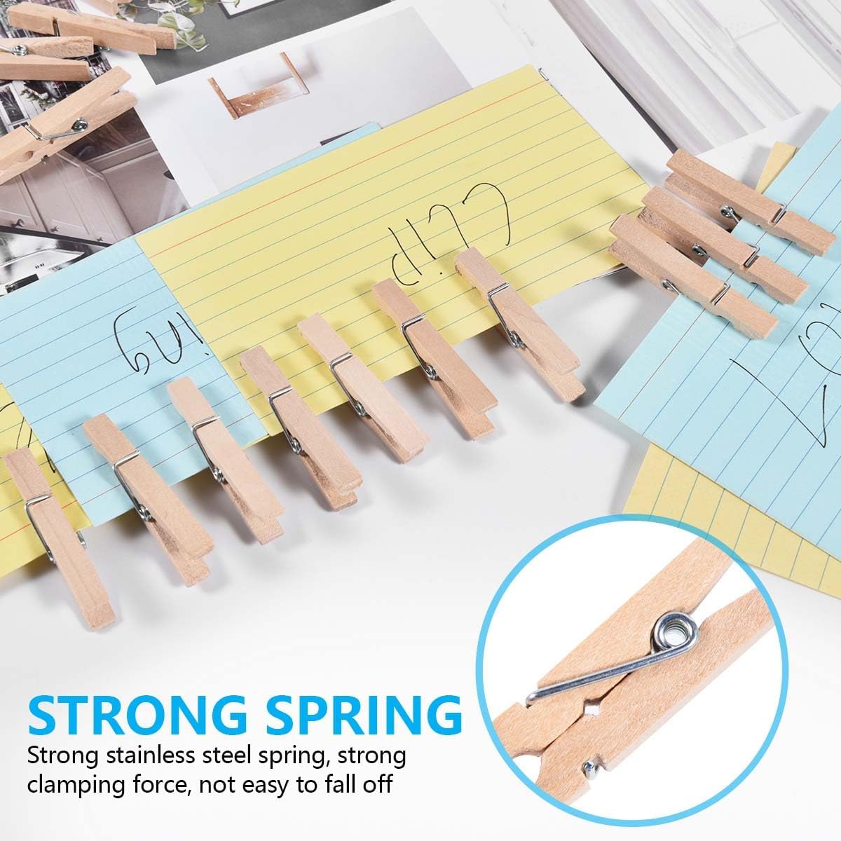 SenseYo 100 Pcs 1.9 Inch Wooden Clothes Pins Heavy Duty Natural Wood Clips Clothespins with Rust Resistant Spring for Hanging Pictures Chip Bags DIY Crafts Photos Drying Laundry Classroom Decoration
