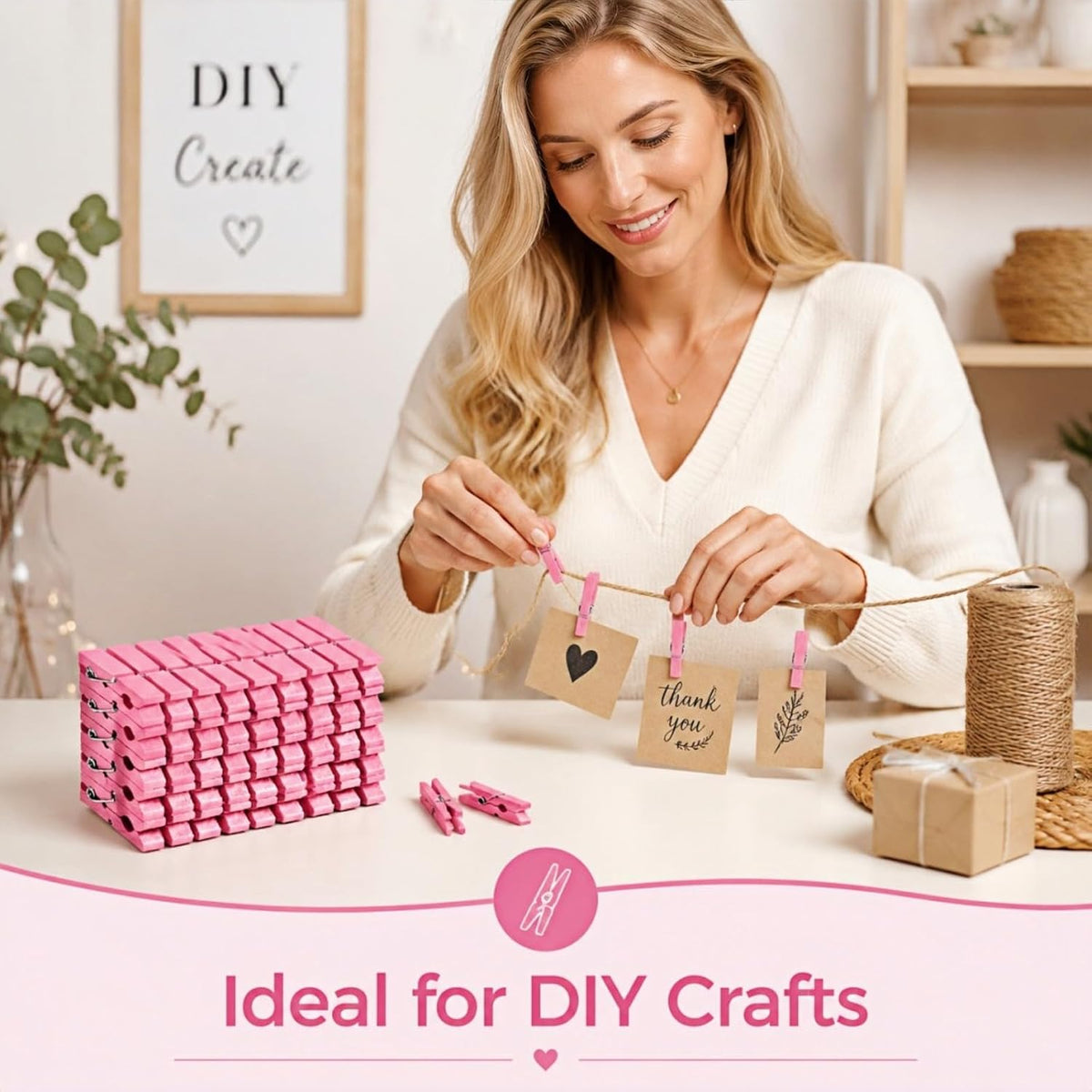 1.4 Inch Mini Wooden Clothespins, 50 Pack Natural Birch Wood Clips with Spring for Crafts, Photo Hanging, DIY Projects, Party & Home Decoration Jute Twine Clothing Line(Pink)
