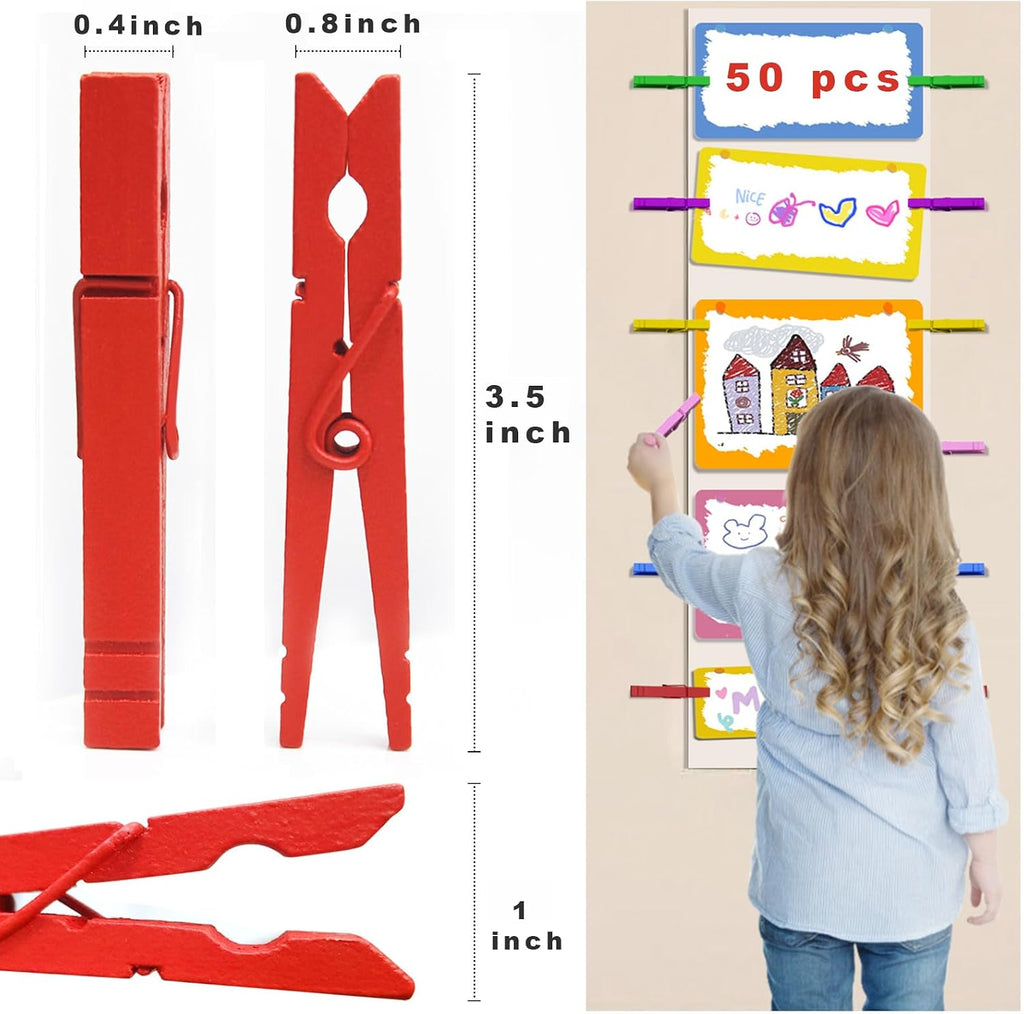 3.5 Inch 50 Pack Colored Wooden Clothespins for Classroom, Craft, Hanging Clothes, Rust Resistant
