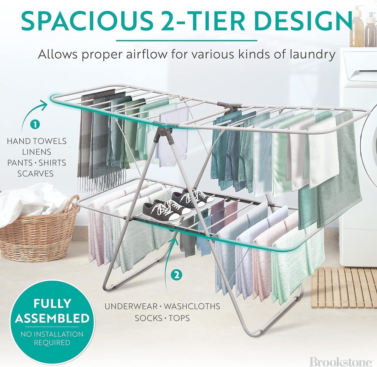 Brookstone 2 Tier Folding Rack - Indoor/Outdoor Collapsible Clothes Dryer Stand Laundry or Shoe Rack, Heavy Duty Freestanding Garment Hanger, Foldable, Clothing Drying Rack, White