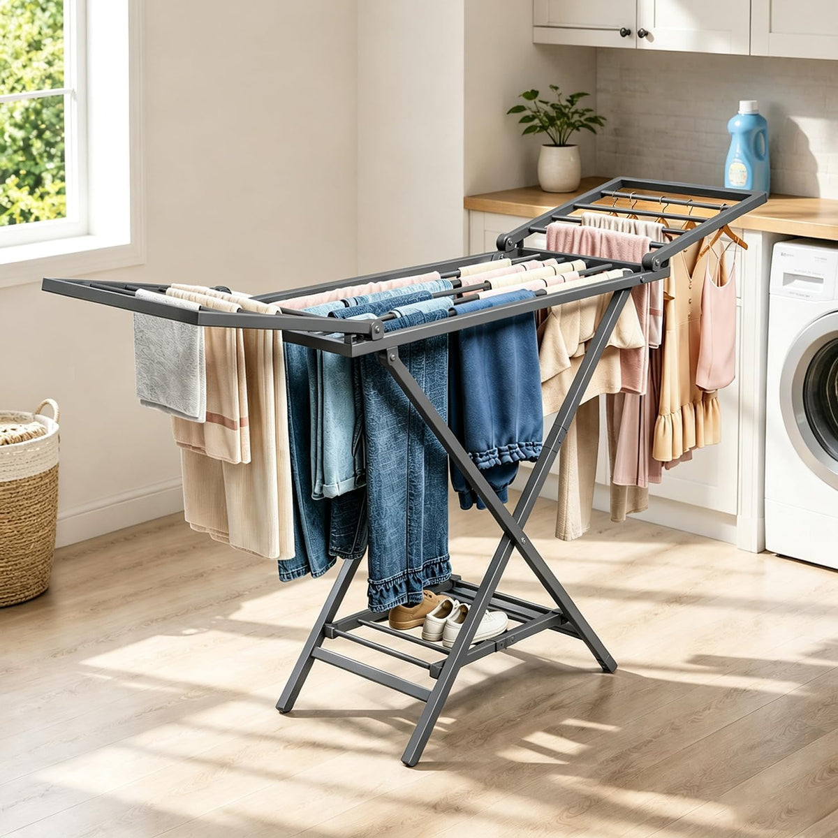 Clothes Drying Rack Heavy Duty, Foldable Laundry Dryer Stand for Clothing & Towel, Free Standing Collapsible for Indoor & Outdoor, 2-Level Clothing Drying Rack, 63" L× 17.7" W, Gray