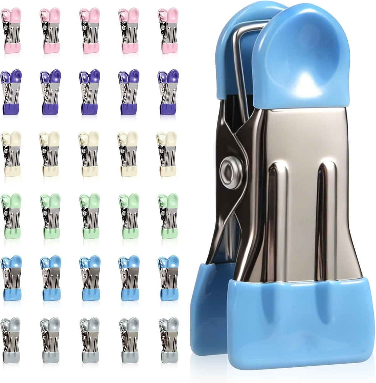 Heavy Duty Clothes Pins, 30 Pack 2.17 Inch Stainless Steel Chip Clips with Rubber, 6 Colors Metal Clothespins, Multipurpose Bag Clips for Food Storage, Laundry Clothesline, Socks (Multicolor)