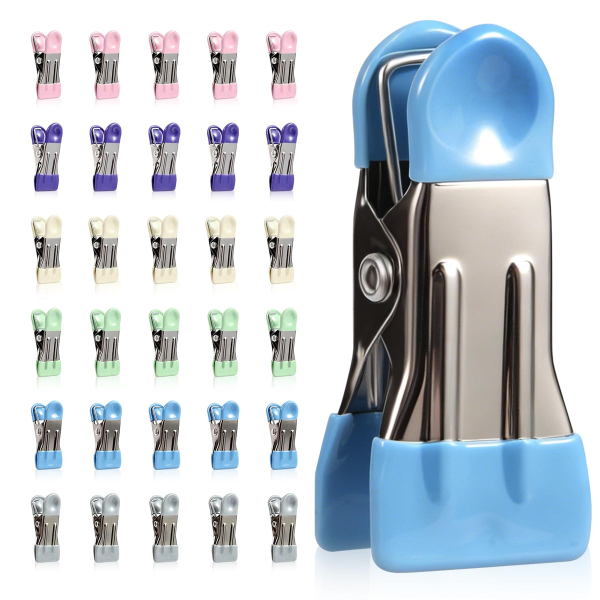Heavy Duty Clothes Pins, 30 Pack 2.17 Inch Stainless Steel Chip Clips with Rubber, 6 Colors Metal Clothespins, Multipurpose Bag Clips for Food Storage, Laundry Clothesline, Socks (Multicolor)