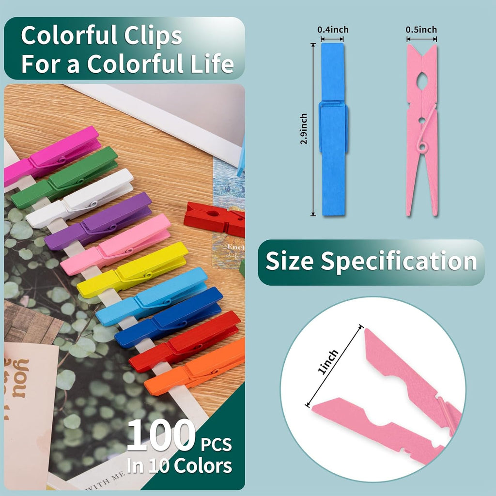 AISOSO 100Pcs Colored Clothespins, 2.9 Inch, 10 Each of 10 Colors