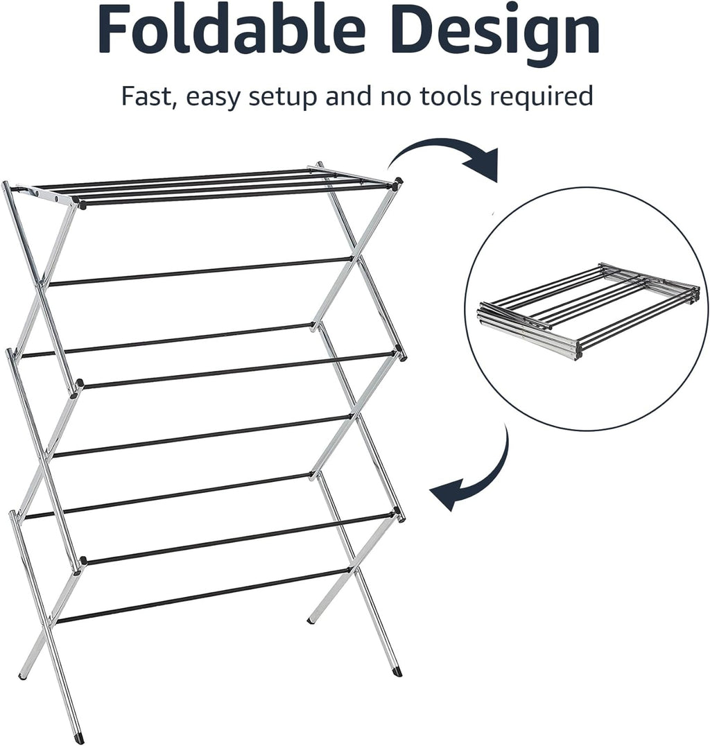 Amazon Basics Foldable Portable Metal Clothes Drying Rack for Indoor Air Drying, Energy Saving, 14.5 x 29.5 x 41.8 inches, Chrome Silver