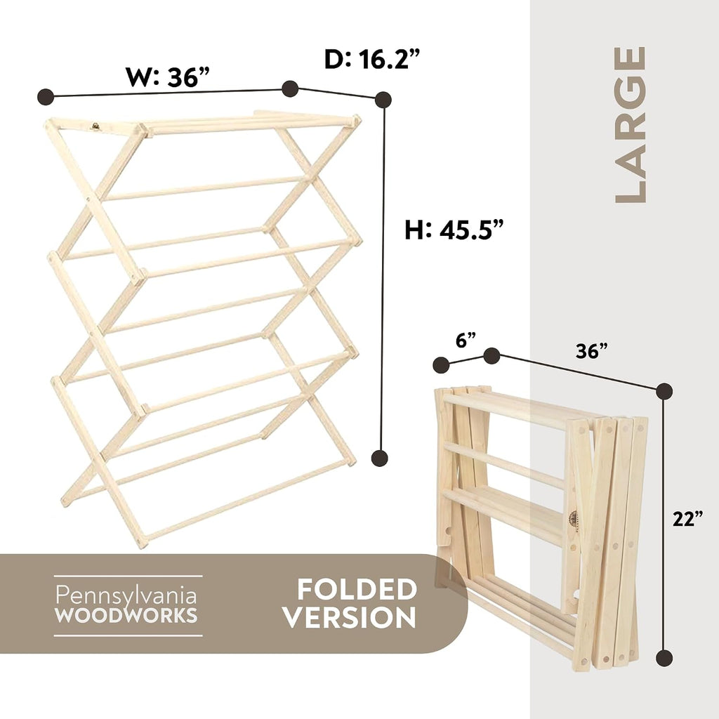 Pennsylvania Woodworks Premium American Maple Clothes Drying Rack - Handcrafted in Pennsylvania - Solid Wood Construction, Collapsible, Eco-Friendly Laundry Solution (Large)