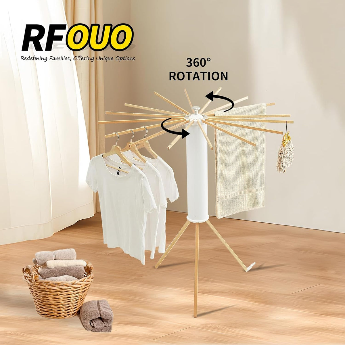 RFOUO Foldable Clothes Drying Rack Tripod with Wooden 16 Rods