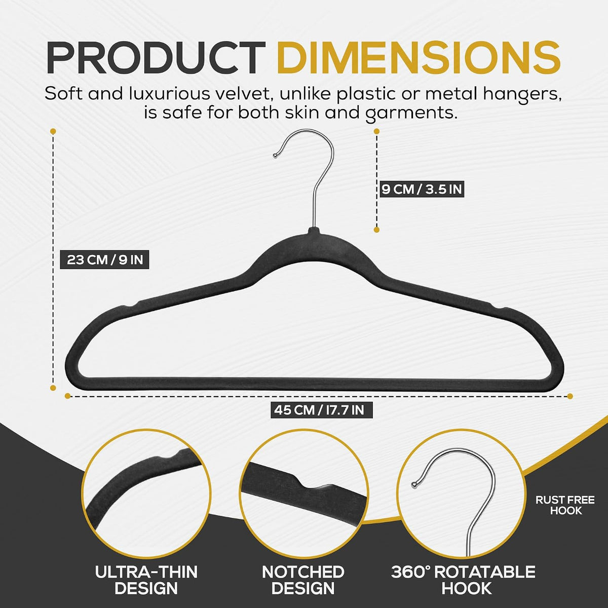 Techzoo 50 Pack New Premium Quality Velvet Hangers Ultra Thin Non Slip Adult Felt Space Saving Hangers for Closet Heavy Duty Coat Pants Jackets Dress Hangers 360° Swivel Hook Hold Upto 10 lbs Black