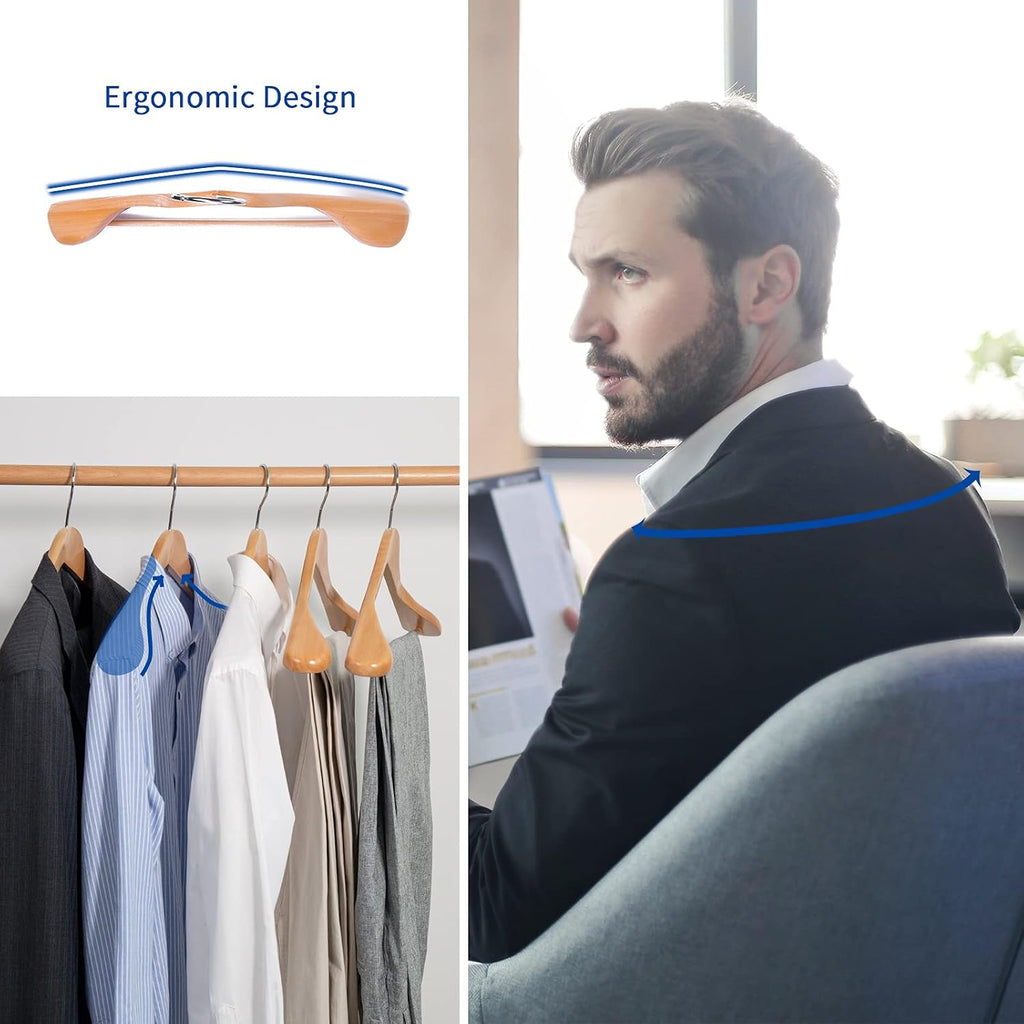 Nature Smile Luxury Natural Wooden Suit Hangers - 6 Pack - Wood Coat Hangers,Jacket Outerwear Shirt Hangers,Glossy Finish with Extra-Wide Shoulder, 360 Degree Swivel Hooks & Anti-Slip Bar with Screw