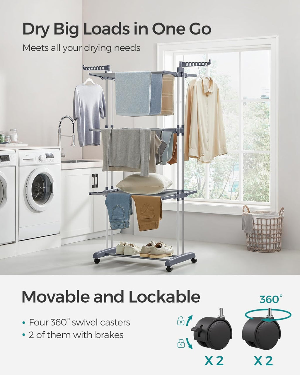 SONGMICS 4-Tier Clothes Drying Rack, Foldable, Rolling, 66.6-Inch Tall