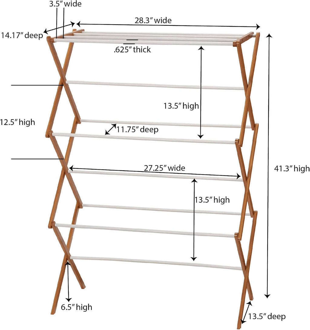 Household Essentials Bamboo Folding Clothes Drying Rack | White Finish, 11 Dowels & Flat Drying Shelf | Eco-Friendly, Collapsible Laundry Rack for Dorms, Apartments & Small Spaces | Fully Assembled