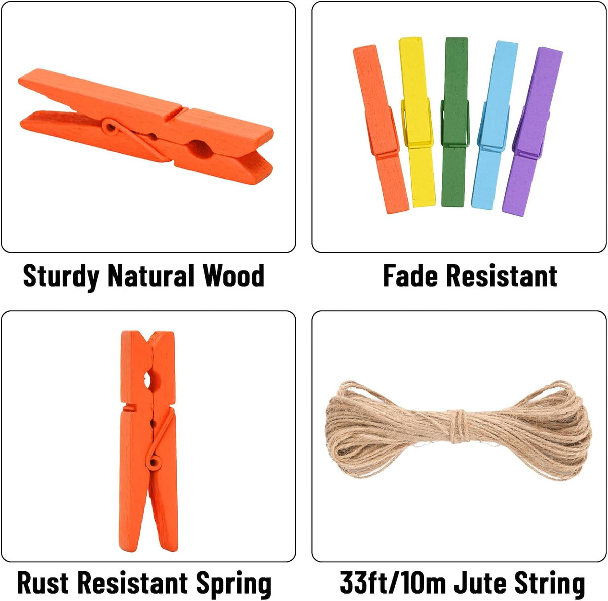 KINGLAKE Colored Clothes Pins Wooden - Colored Clothespins for Crafts 2.9 Inch,50 Pcs 10 Colors Colorful Clothespins Clips with Jute String for Hanging Pictures,Photo Displays,Classroom Arts Crafts