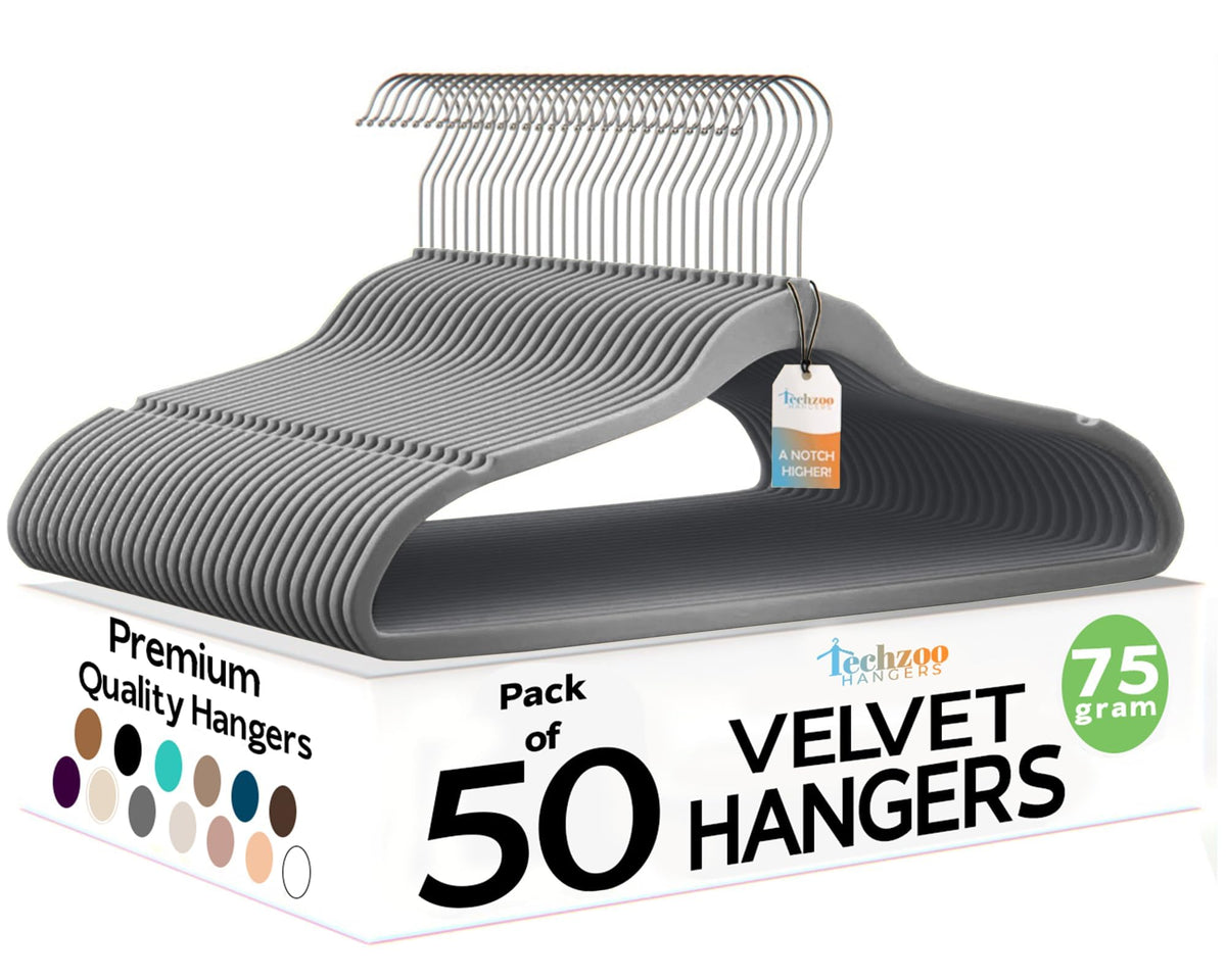 Techzoo 50 Pack New Premium Quality Velvet Hangers Ultra Thin Non Slip Adult Felt Space Saving Hangers for Closet Heavy Duty Coat Pants Jackets Dress Hangers 360° Swivel Hook Hold Upto 10 lbs Black
