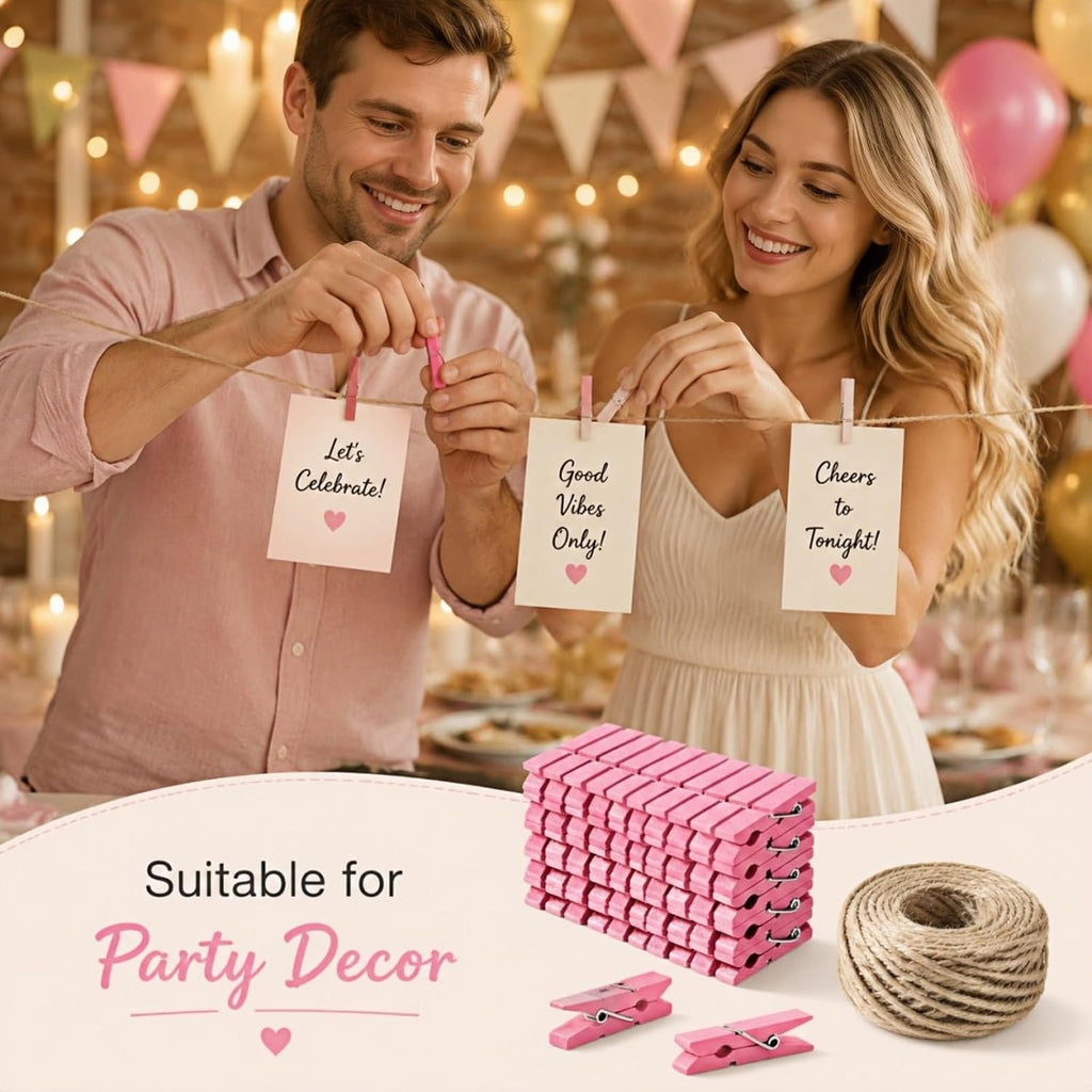 1.4 Inch Mini Wooden Clothespins, 50 Pack Natural Birch Wood Clips with Spring for Crafts, Photo Hanging, DIY Projects, Party & Home Decoration Jute Twine Clothing Line(Pink)