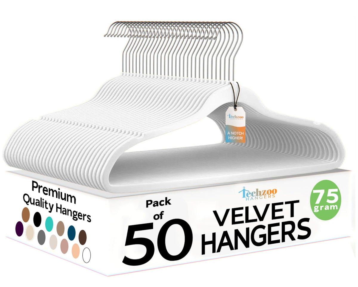 Techzoo 50 Pack New Premium Quality Velvet Hangers Ultra Thin Non Slip Adult Felt Space Saving Hangers for Closet Heavy Duty Coat Pants Jackets Dress Hangers 360° Swivel Hook Hold Upto 10 lbs Black