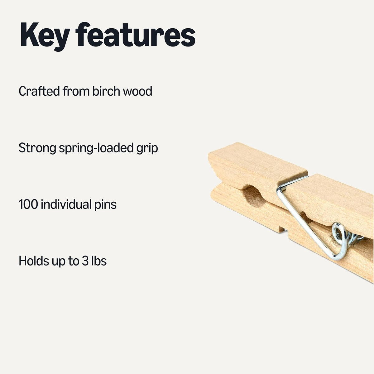 Amazon Basics Birch Wood Clothespins with Strong Spring-Loaded Grip, Holds up to 3 lbs, Pack of 100