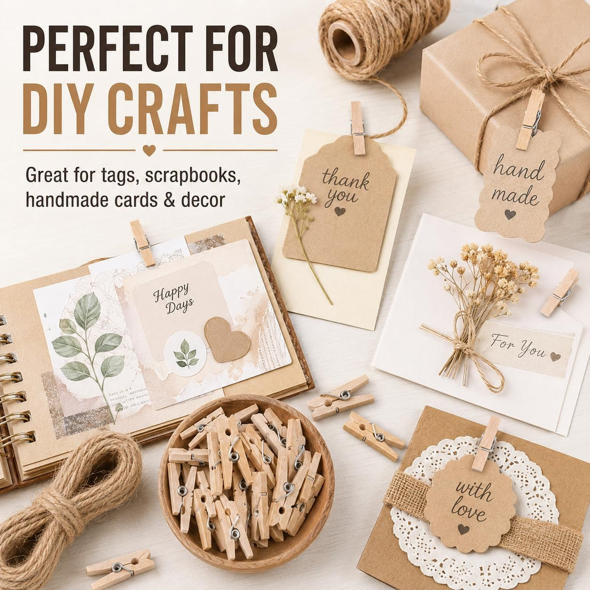 200 PCS Mini Clothespins for Photos, 1 Inch Mini Wooden Clothespins with 10M Jute Twine, Small Clothes Pins, Tiny Photo Clips, Wooden Clips for Picture Display, Crafts, Scrapbooking, Party Decorations