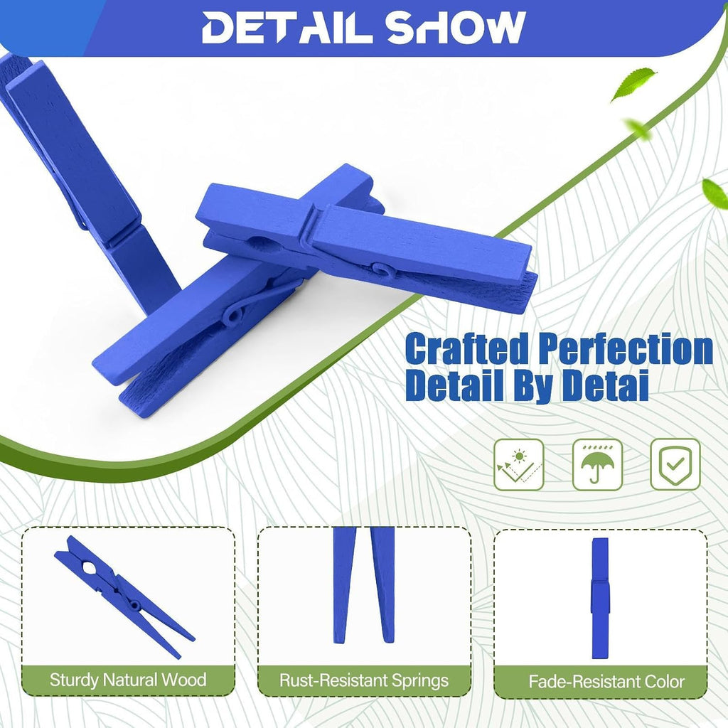 100 Pcs Blue Clothes pins - 2.9 Inch Wooden Clothespins Cheer Clips