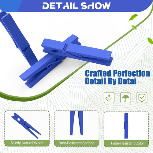100 Pcs Blue Clothes pins - 2.9 Inch Wooden Clothespins Cheer Clips