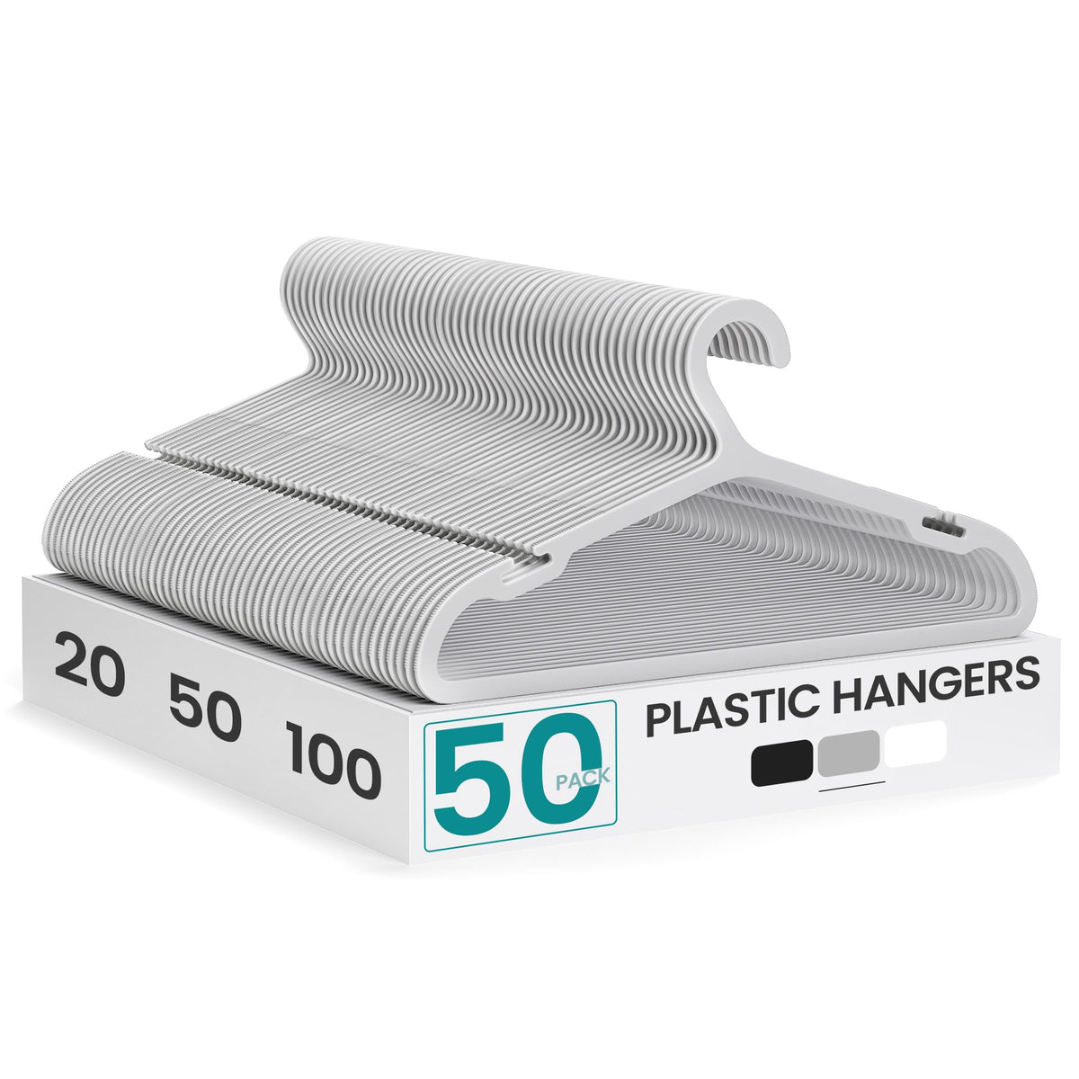 SONGMICS Clothes Hangers, Pack of 50, Plastic Hangers, with Wide Shoulder Notches, Space-Saving Coat Hangers, 16.4 Inches Wide, for Closet, Cloud White UCRP010W01