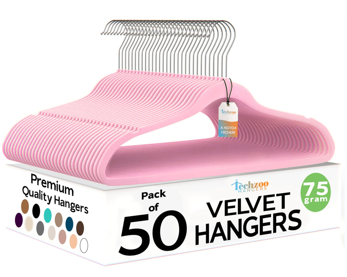 Techzoo 50 Pack New Premium Quality Velvet Hangers Ultra Thin Non Slip Adult Felt Space Saving Hangers for Closet Heavy Duty Coat Pants Jackets Dress Hangers 360° Swivel Hook Hold Upto 10 lbs Black
