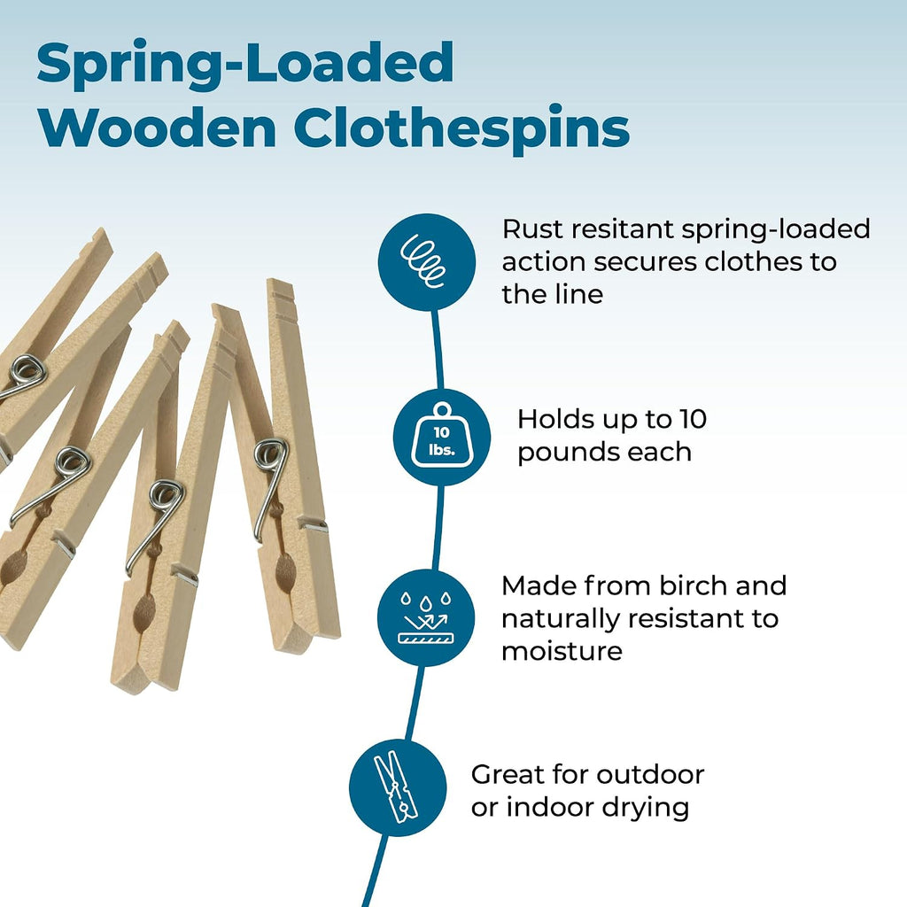 Honey-Can-Do Wooden Clothespins – Heavy-Duty Laundry & Clothes Wood for Crafts, Natural Wood with Strong Grip Pins, Ideal for Drying & Home Organization, 100 per Pack