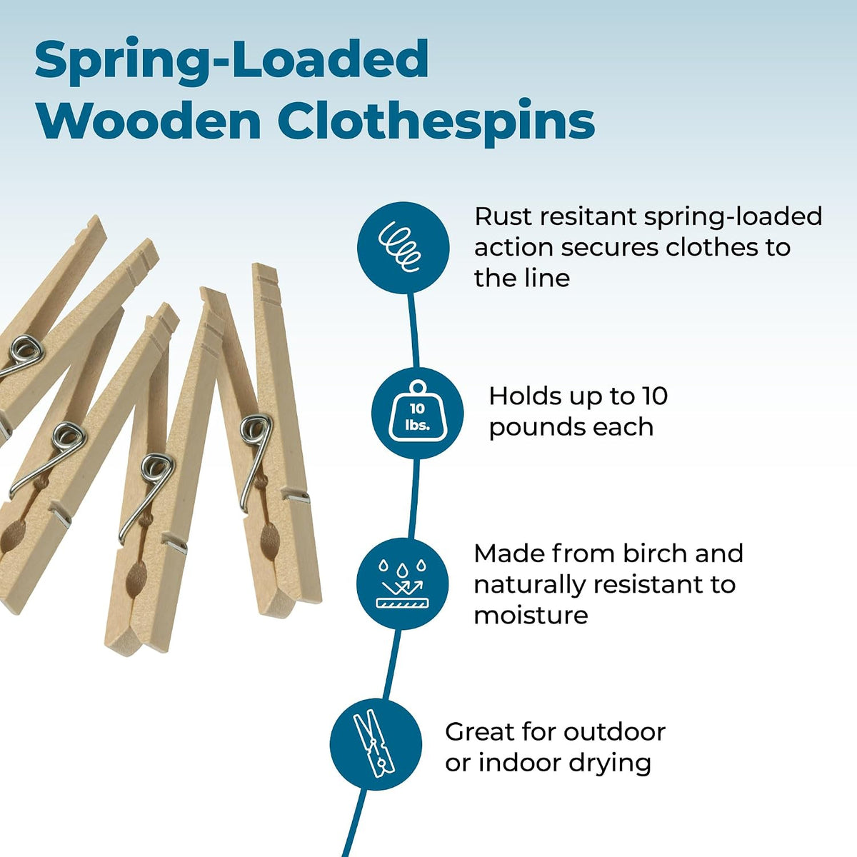 Honey-Can-Do Wooden Clothespins – Heavy-Duty Laundry & Clothes Wood for Crafts, Natural Wood with Strong Grip Pins, Ideal for Drying & Home Organization, 100 per Pack