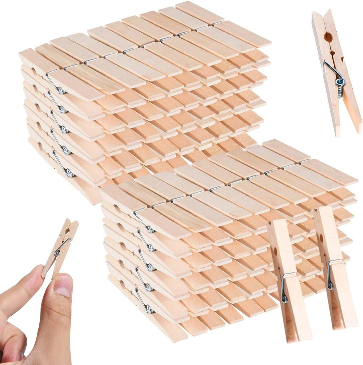 SenseYo 100 Pcs 1.9 Inch Wooden Clothes Pins Heavy Duty Natural Wood Clips Clothespins with Rust Resistant Spring for Hanging Pictures Chip Bags DIY Crafts Photos Drying Laundry Classroom Decoration