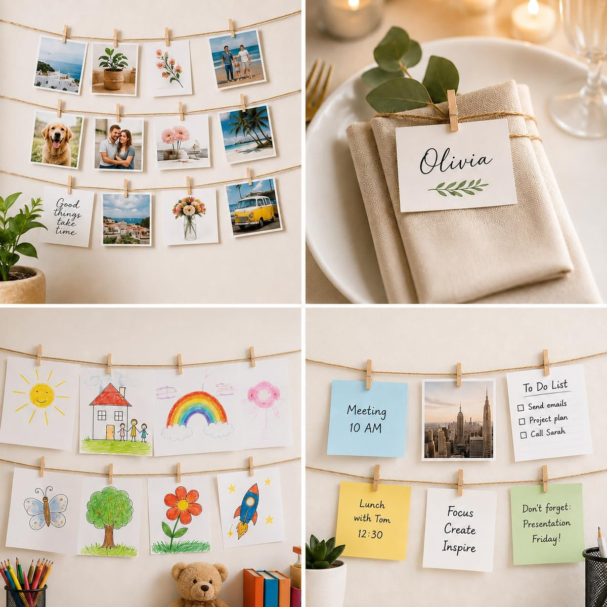 200 PCS Mini Clothespins for Photos, 1 Inch Mini Wooden Clothespins with 10M Jute Twine, Small Clothes Pins, Tiny Photo Clips, Wooden Clips for Picture Display, Crafts, Scrapbooking, Party Decorations