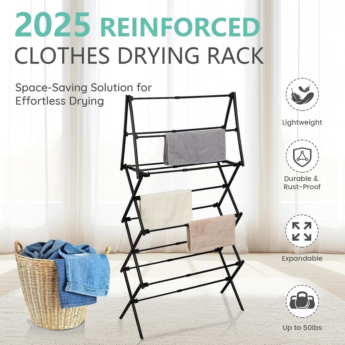 ZOES HOMEWARE 4 Tier Clothes Drying Rack Foldable | Foldable Clothing Drying Rack | Laundry Drying Rack Collapsible for Laundry Room, Dorm, Expandable Sturdy Metal Design | Black 29"L x 11.5"W x 53"H