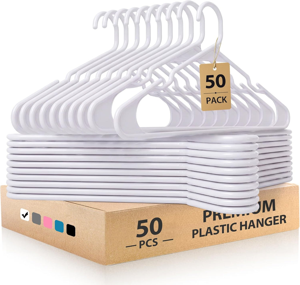 Plastic Hangers, Space Saving Clothes Hanger, Durable and Strong Closet Organizers and Storage (White, 50 Pack)
