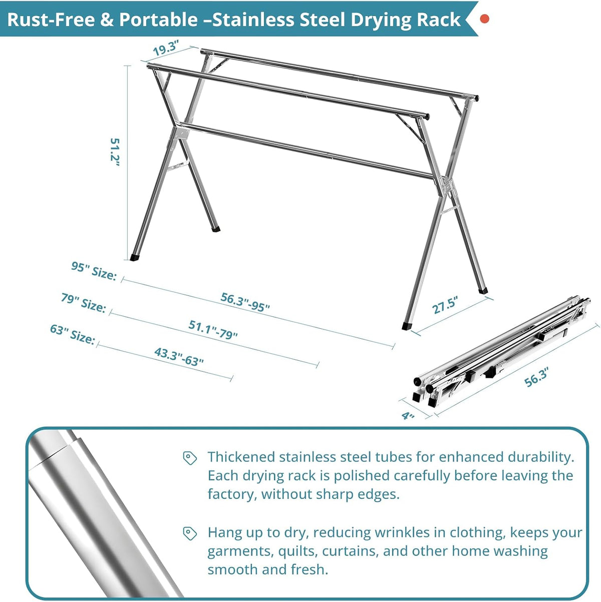 JAUREE 79" Clothes Drying Rack, Drying Rack Clothing Folding Indoor Outdoor