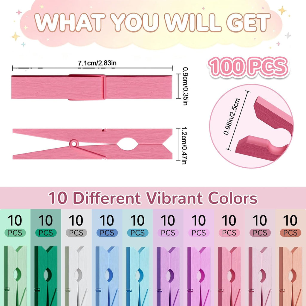 100Pcs Colored Clothespins Pastel 2.9 Inch Clothes Pins Wooden Cheer Bulk