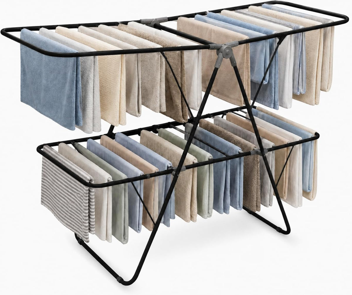 Brookstone 2 Tier Folding Rack - Indoor/Outdoor Collapsible Clothes Dryer Stand Laundry or Shoe Rack, Heavy Duty Freestanding Garment Hanger, Foldable, Clothing Drying Rack, White