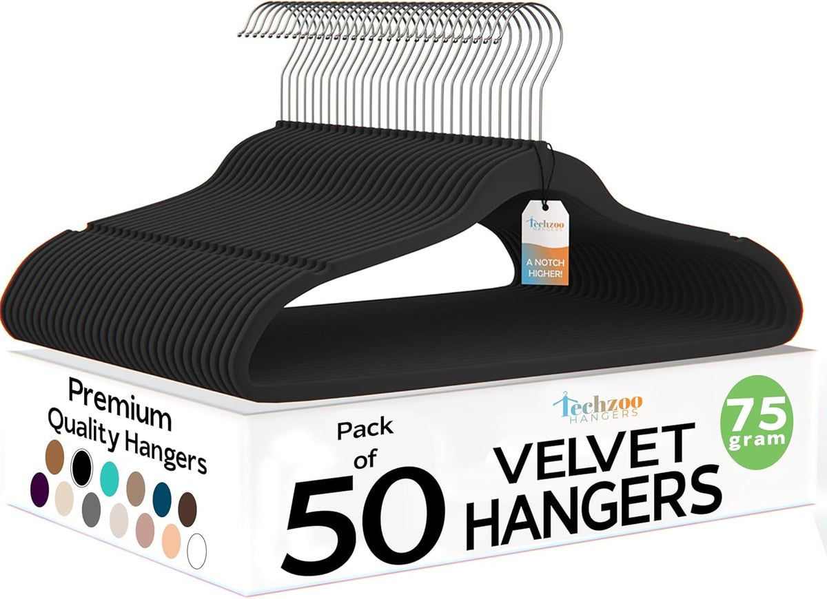 Techzoo 50 Pack New Premium Quality Velvet Hangers Ultra Thin Non Slip Adult Felt Space Saving Hangers for Closet Heavy Duty Coat Pants Jackets Dress Hangers 360° Swivel Hook Hold Upto 10 lbs Black