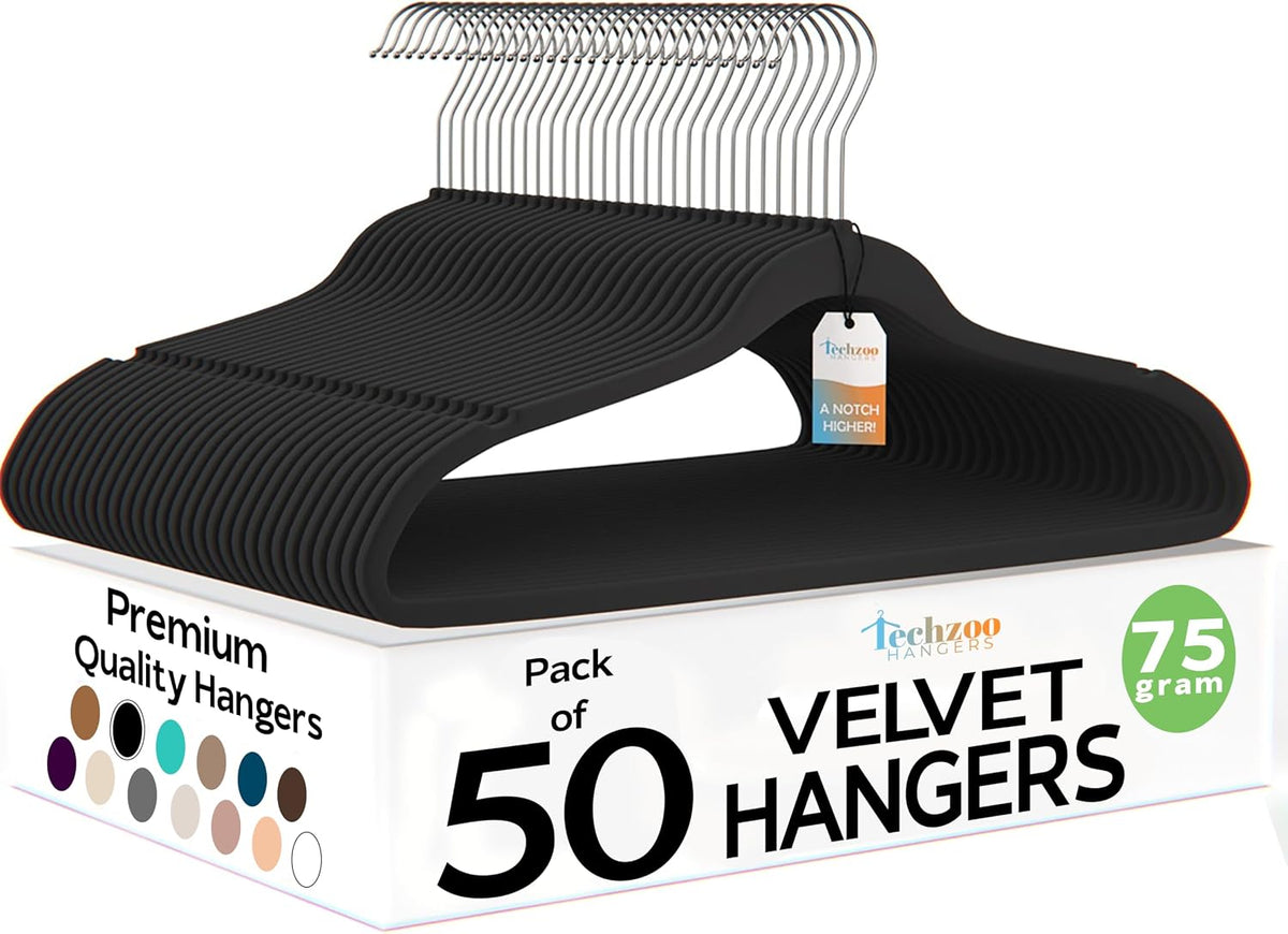 Techzoo 50 Pack New Premium Quality Velvet Hangers Ultra Thin Non Slip Adult Felt Space Saving Hangers for Closet Heavy Duty Coat Pants Jackets Dress Hangers 360° Swivel Hook Hold Upto 10 lbs Black