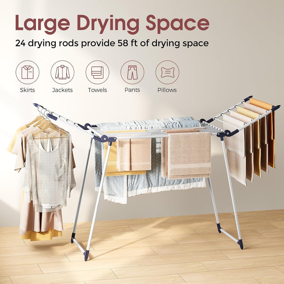 APEXCHASER Clothes Drying Rack, Large Capacity Drying Rack, 69" L, White