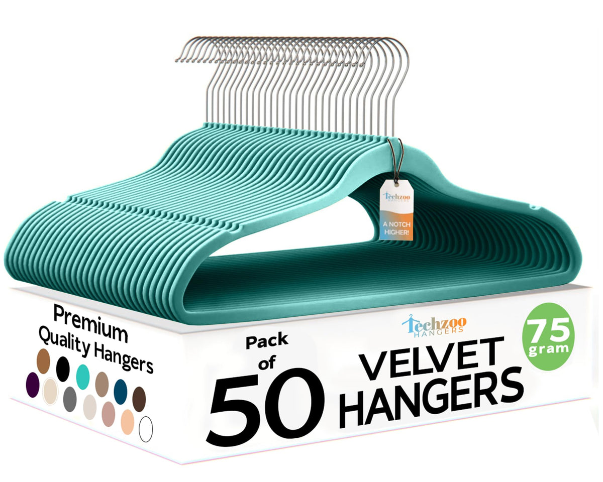 Techzoo 50 Pack New Premium Quality Velvet Hangers Ultra Thin Non Slip Adult Felt Space Saving Hangers for Closet Heavy Duty Coat Pants Jackets Dress Hangers 360° Swivel Hook Hold Upto 10 lbs Black