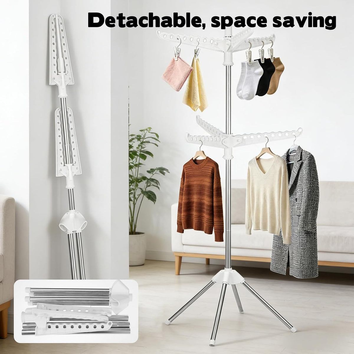 2-Layer Rotatable & Foldable Clothes Drying Rack 75" Stainless Steel Laundry Drying Tree with 6 Rotatable Arms, 4-Leg Free-Standing Hanger Stand for Indoor, Balcony, and Laundry Room