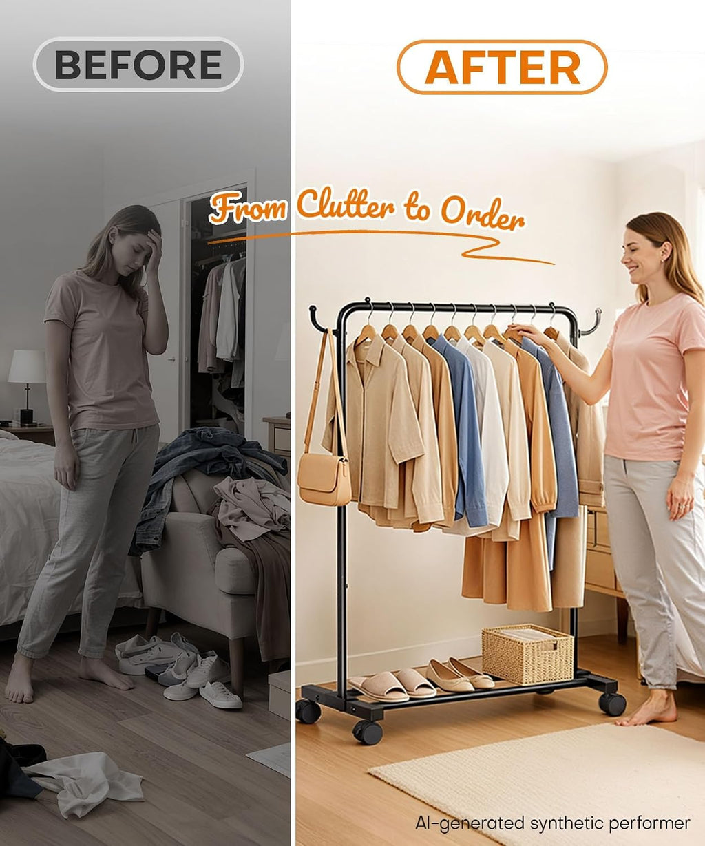 Homde Portable Clothes Rack for Bedroom: 4 Lockable Wheel Move Room-to-Room