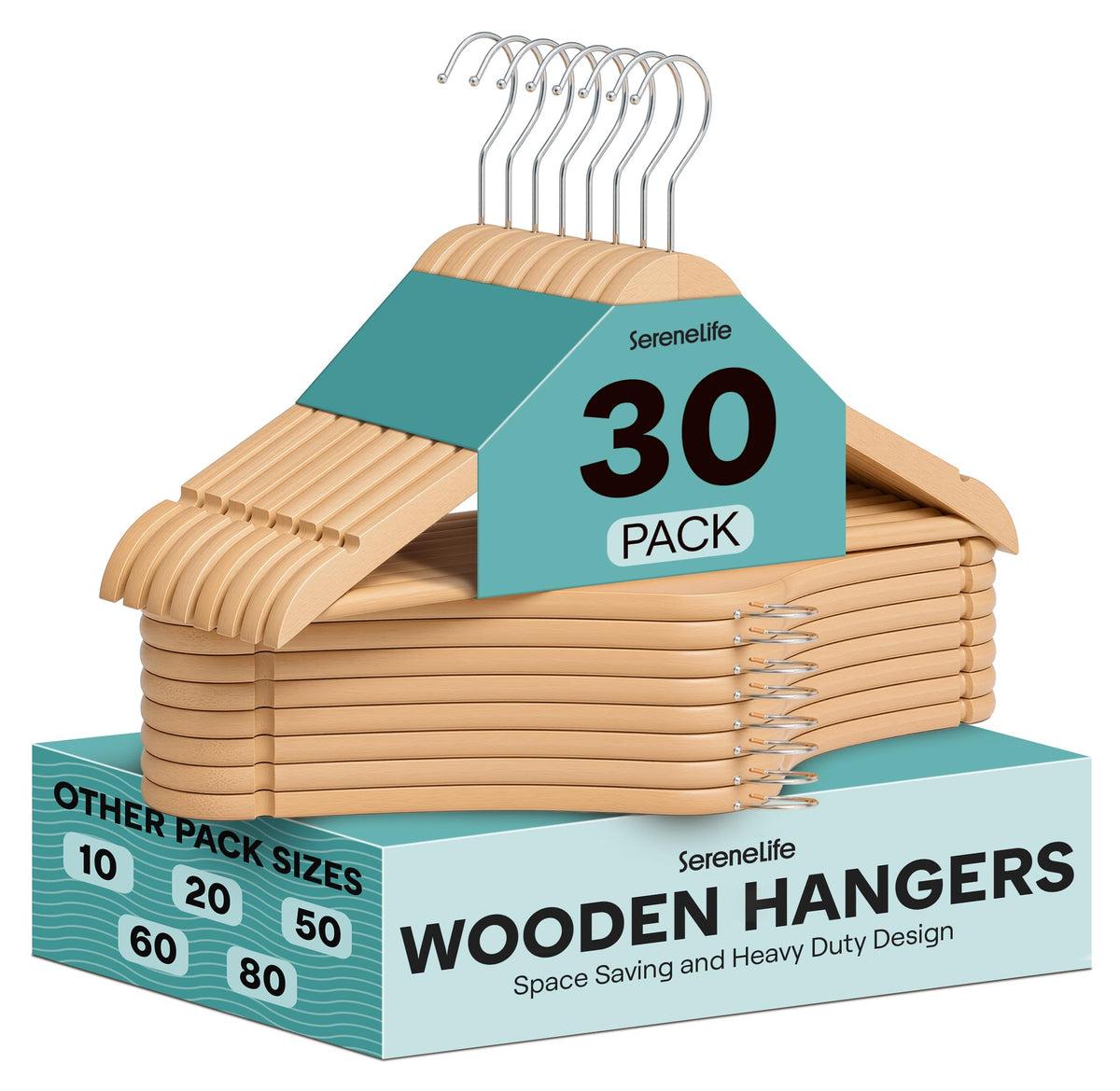 SereneLife Wooden Hangers 50 Pack - Durable & Slim Coat Hanger - Wood Hangers for Coats, Suits, Jackets, Closet & Pants - Suit Hanger with 360-Degree Rotatable Hook and Shoulder Grooves (Brown Color)