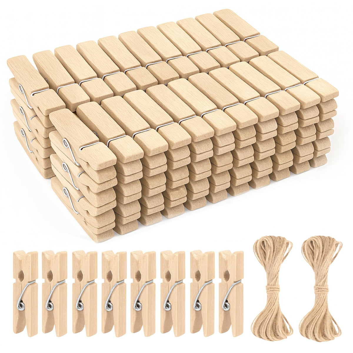KINGLAKE Colored Clothes Pins Wooden - Colored Clothespins for Crafts 2.9 Inch,50 Pcs 10 Colors Colorful Clothespins Clips with Jute String for Hanging Pictures,Photo Displays,Classroom Arts Crafts