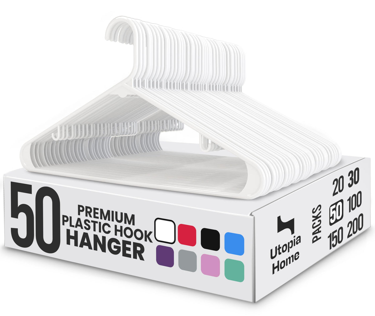 Utopia Home Plastic Hangers 50 Pack – Built-in Strap Hooks Black