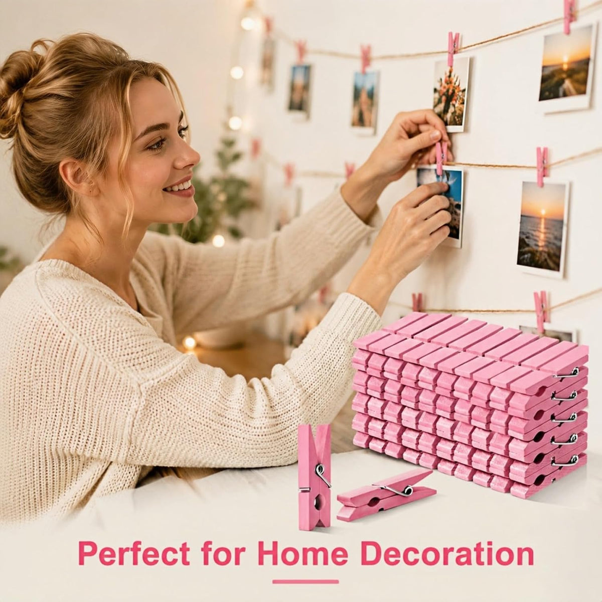 1.4 Inch Mini Wooden Clothespins, 50 Pack Natural Birch Wood Clips with Spring for Crafts, Photo Hanging, DIY Projects, Party & Home Decoration Jute Twine Clothing Line(Pink)