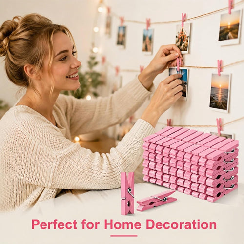 1.4 Inch Mini Wooden Clothespins, 50 Pack Natural Birch Wood Clips with Spring for Crafts, Photo Hanging, DIY Projects, Party & Home Decoration Jute Twine Clothing Line(Pink)